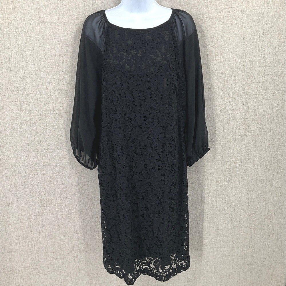 Adrianna Papell Lace Dress Womens 14 Black Sheer Sleeve Shift Zip Elegant